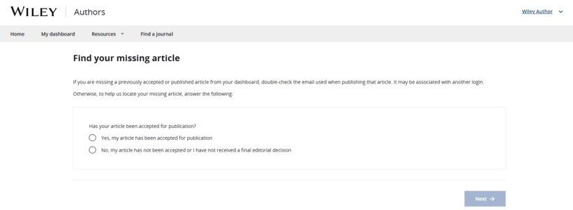 Form for selecting whether missing article has been accepted, yes or no